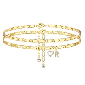 YOFECIO Ankle Bracelets for Women,14K Gold Plated Initial Anklets Dainty Heart Letter Ankle Bracelets Layered Gold Anklets for Women Non Tarnish A to Z Summer Beach Jewelry