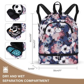 HUA ANGEL Lightweight Drawstring Backpack with Shoe Compartment, Waterproof for Sports Gym Travel Swimming Basketball Soccer, Retro Flower, Sporty