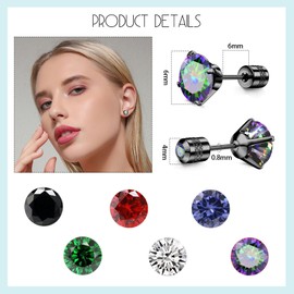 Titanium Screw Flat Back Stud Earrings Black Hypoallergenic Cubic Zirconia Stud Earring Stainless Steel Piercing Earring for Women and Men 6mm (Green)