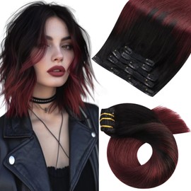 Moresoo Red Hair Extensions Clip in Human Hair Ombre Clip in Hair Extensions for Women Double Weft Human Hair Clip in Extensions Balayagae Black to Burgundy 5pcs/80g 14inch