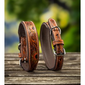 Jack & Russell Unique Leather Dog Collar, Hand Carved and Padded, Buffalo Leather Dog Collar Soleil (M/31.5-40)