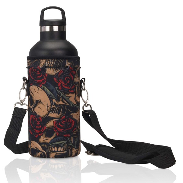 Made Easy Kit Neoprene Water Bottle Carrier Holder with Adjustable Shoulder Strap for Insulating & Carrying Water Container Canteen Flask Available in 5 Sizes (Skulls & Roses, XL (64oz))