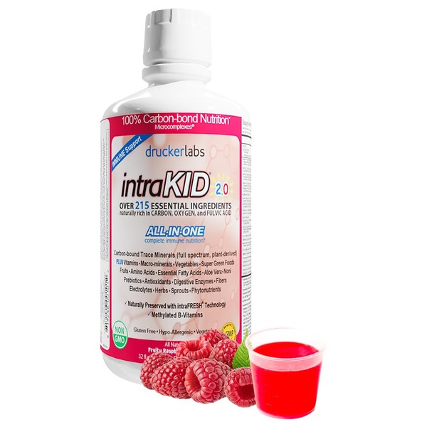 DRUCKER LABS - IntraKID 2.0 Organic Liquid Trace Minerals, Liquid Multivitamin for Kids, Immune Support, Non GMO, Dairy Free, Gluten Free, Magnesium, Vitamin D, C, E, Zinc, (32 oz., Fruity Raspberry)