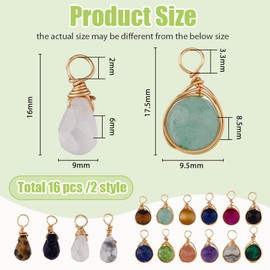 SUPERFINDINGS 16 Pieces 16 Styles Mixed Gemstone Drop Pendant 18K Gold-Plated Copper Wire Wrapped Round Pendant Quartz Crystal Stone Charms Bore Hole Size 2 mm, Mixed Stone