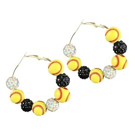 Sport Baseball Softball Sparkly Beaded Hoop Earrings Team Fans Players Cheer Earrings-Softball Black