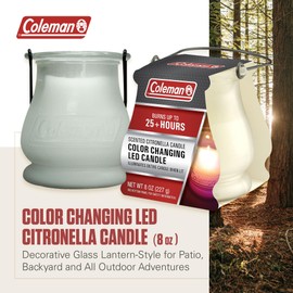 Coleman Color Changing LED Citronella Outdoor Scented Candle, 25+ Hours Burn Time, Festive Color Effects, Glass Holder with Metal Handle