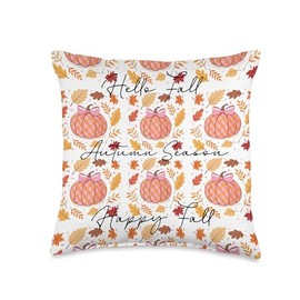 Pink Pumpkins, Fall Leaves, Plaid, Autumn Season Decoration Throw Pillow