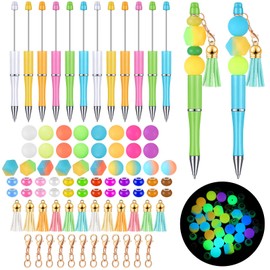 12 Pieces Beadable Pens Bulk Bead Pens with 50 Pcs Assorted Colors Beads Pen DIY Making Kit Multicolor Ballpoint Pen Black Ink for Women Kids Students Office School (Luminous Style)