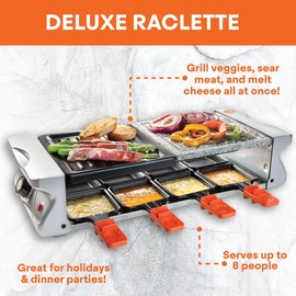 MasterChef Electric Raclette Table Grill w Non-Stick Grilling Plate & Cooking Stone- 8 Person Tabletop Cooker for Indoor, Smokeless Korean BBQ-Melt Cheese, Cook Meat & Veggies, Apps-19" x 8" Xmas Gift