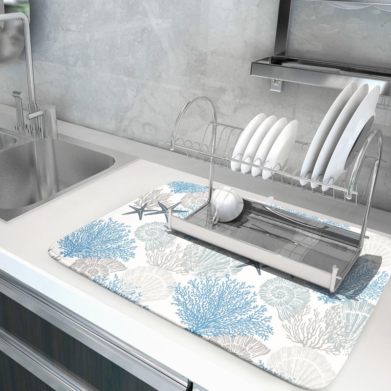 Coastal Blue Gray Dish Drying Pad 18 x 24 Inch