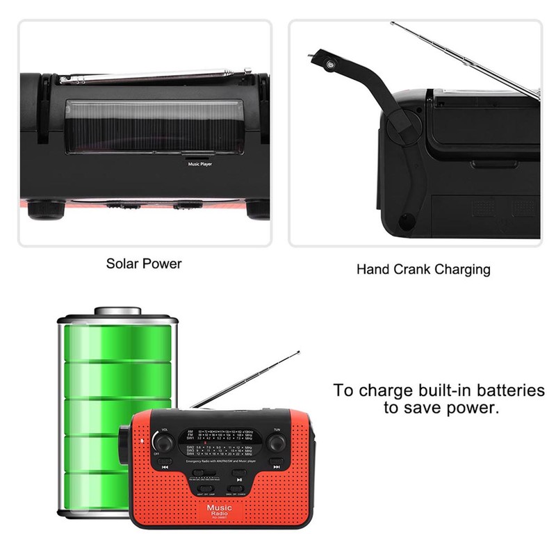 FM/AM/SW Solar Hand Crank Radio Memory Card Music for Bluetooth