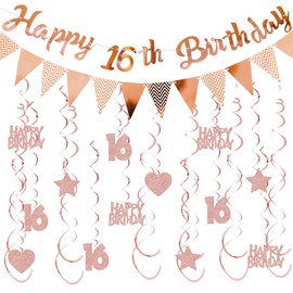 Decoration 16th Birthday Garland Girl Rose Gold - Birthday Decoration Happy Birthday Banner Bunting and Hanging Swirls, Glitter Hanging Decoration for 16 Years Birthday Party Decoration