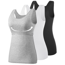 AMVELOP Tank Tops for Women Built in Bra Cotton Shelf Bra Tanks Layering Undershirts 2-3 Pack Black White Gray L