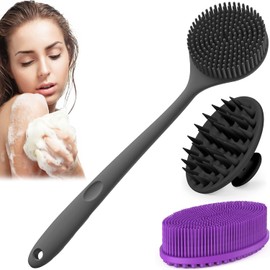 Cepillo para Cuerpo de Silicona, Cepillo de Limpieza de Espalda de Mango Largo, Cepillo Corporal de Baño para Masaje y Exfoliación de Piel y Cepillo para Lavar el Pel para Piel Seca y Mojada