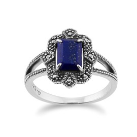 925 Sterling Silver Art Deco Lapiz Lazuli & Marcasite Ring