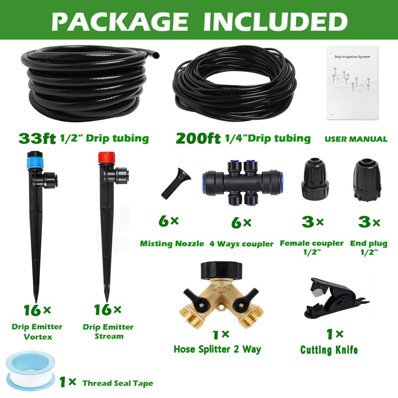 233FT Drip Irrigation System Kit with Quick-Connect System,33FT 1/2" Mainline