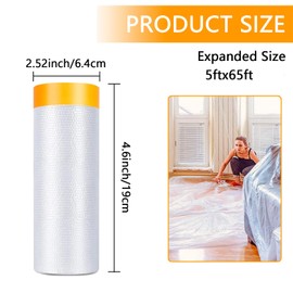 SUPEKOOE Painters Plastic with Tape 59inx65ft,Pre-Taped Masking Film Automotive Tape and Drape,Tear-Resistant Plastic Painting Film for Car Painting & Home Renovation (2 Roll)