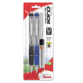 Pentel Twist-Erase Click Mechanical Pencil, (0.5mm), Assorted Barrels, 2 Eraser Refills and Lead, Color May Vary, Pack of 2 (PD275TLEBP2)