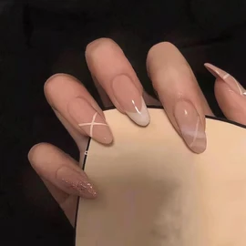 Nail Tips, 24 Pieces, Round, Medium, Round False Nails, White, Flesh Color, Gold Edge, Nail Tip, Medium Long, Popular, Cute, Simple, Fashionable Party, Spring, Summer, Everyday Life, Bridal Nail