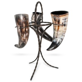 Genuine Viking Drinking Horn Set (3) with Adjustable Iron Display Stand - 12" Ale Horns Included