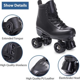 SCUNT Skates Women's Men's High Top Black PU Leather Skates Classic Double Row Skates Adjustable Outdoor Indoor Quad Skates and Roller Derby (38-US Men 6= Women 7)