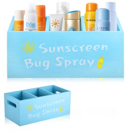 HFYZZ Sunscreen Bug Spray Storage Basket, Wooden Summer Poolside Storage Box with Three Compartments Toilet Tank Tray for Indoor Outdoor Swimming Pool Beach Sunblock Sunglasses Storage, Blue