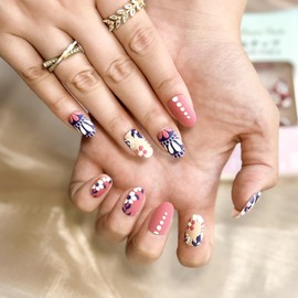 Sun&Beam Nails Medium Short Round Press On Nail with Red Blue 3D Flower Design Cute False Tips 24Pcs (M212)