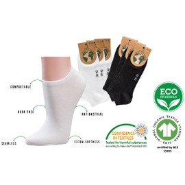 Leo Design 6 Pair Low-Cut Organic Cotton Trainer Socks Seamless Socks for Men & Women, Short Liners, Ankle, Sneaker. (US, 6-9, Black + White)
