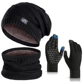 KIRAAT Winter Beanie Hat Scarf Touchscreen Gloves Set for Men Women,Slouchy Knit Ski Cap Neck Warmer with Fleece Lined for Unisex (Black Set)