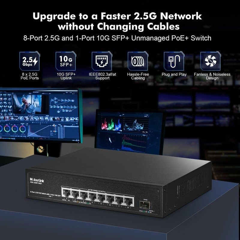 MokerLink 8 Port 2.5 Gigabit PoE Switch with 10G SFP,