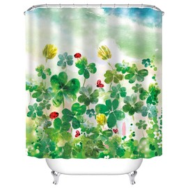 Tititex Green Clovers St. Patrick's Day Spring Shower Curtain Set 69x70 Inch with Hooks, Colorful Shamrocks Leaves Watercolor Waterproof Fabric Bathroom Curtain