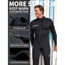 Owntop 5mm Neoprene Wetsuit for Men - Full Diving Suits Stretch Long Sleeve One Piece Dive Skin Front Zip UPF50+ Thermal Thicken Swimwear for Scuba Surfing Snorkeling, 3XL