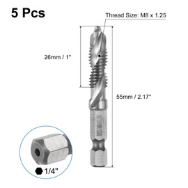 sourcing map 5pcs Combination Drill and Tap Bits, Metric M8 x 1.25 Thread 1/4" Hex Shank 4341 High Speed Steel Threading Screw Taps Machine Drilling Tapping Tool Kit