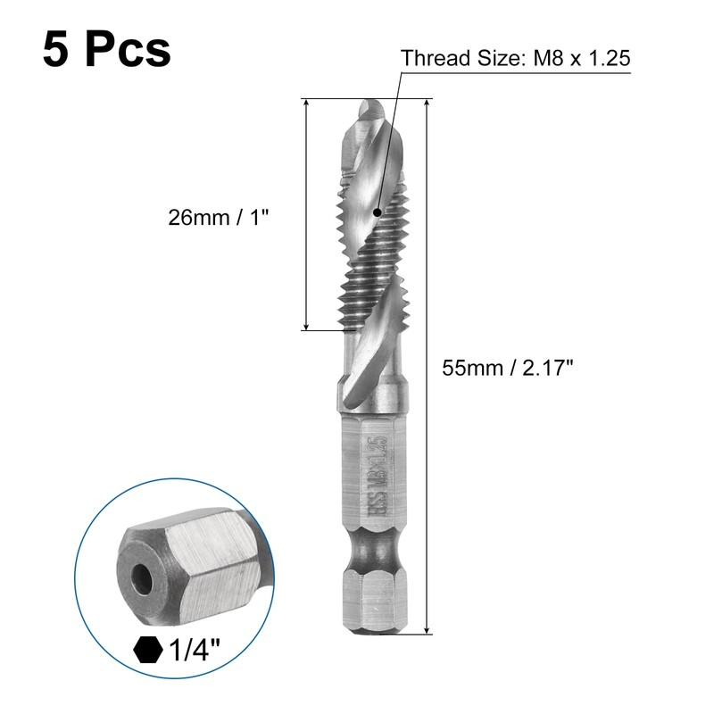 sourcing map 5pcs Combination Drill and Tap Bits, Metric M8