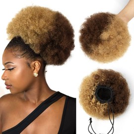 SPIKFN Afro Puff Clip On Human hair Drawstring Ponytail for Black Women,Short Afro Kinkys Curly Afro Bun Extension Hairpiece Ponytail Extension 8 Inch #4-27 Medium Brown/Dark Blonde 60g