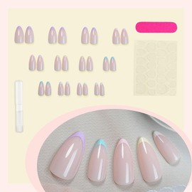 24PCS Long False Nails French Tip - 5 Colors French Tip Press on Nails - Almond Fake nails with Glue - Elegant Stick on Nails for Women Girls - Long Lasting Acrylic Nail Tips for DIY Nail Art