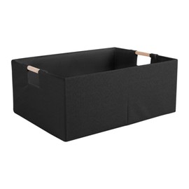 LaMorée Fabric Storage Bin Box Foldable Cotton Linen Storage Basket with Wooden Handles Rectangular Cube Decorative Home Laundry Organizer Clothes Blanket Container – Black, Large