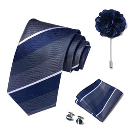 Ties Set Men Mixed Color Necktie Handkerchief Cufflinks Brooch 3.15 Formal (Blue Grey Striped)