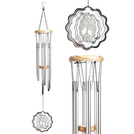 Wind Chime with Wind Spinner, Creative Wind Chimes with 6 Hollow Aluminium Tubes, Wooden Wind Chimes for Garden Decoration (Silver Tree)