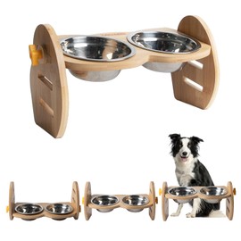 Elevated Dog Bowls for Small Dogs and Cats, Adjustable Raised Dog Bowls Stand 15° Tilted with 2 Stainless Steel Dog Food Water Bowls, Durable Bamboo Dog Feeder
