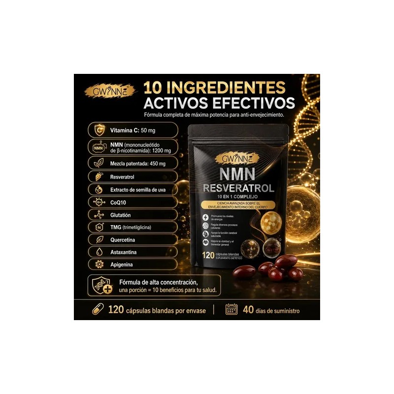 Gwynne Nmn Resveratrol Complejo 1200mg Suplemento Coq10 Glutatión Aumentar Energía
