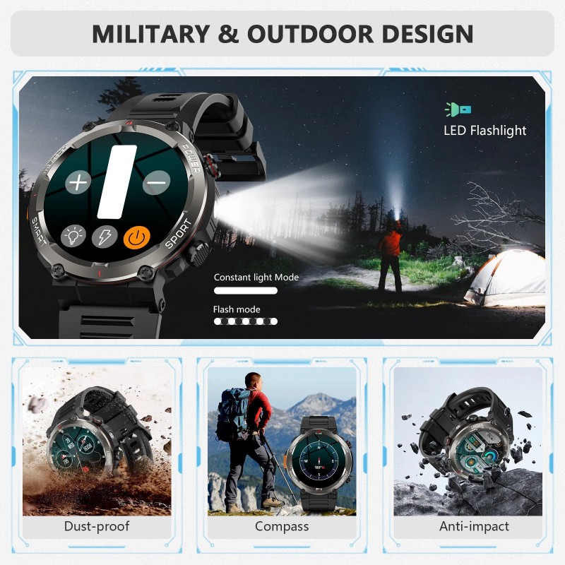 Reloj inteligente militar para hombre (recepción/marcación de llamadas) resistente táctico