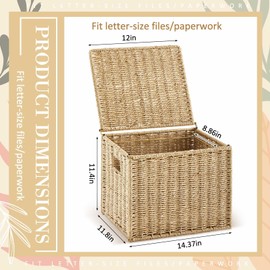 Jingmore Paper Rope File Box Organizers Collapsible Letter Size Filing Cabinet with Lid Woven Hanging File Basket Portable Decorative Document File Storage Box for Office/Decor/Home (Letter Size)