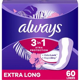 Always Xtra Protection 3-in-1 Daily Liners for Women, Extra Long, 60 CT