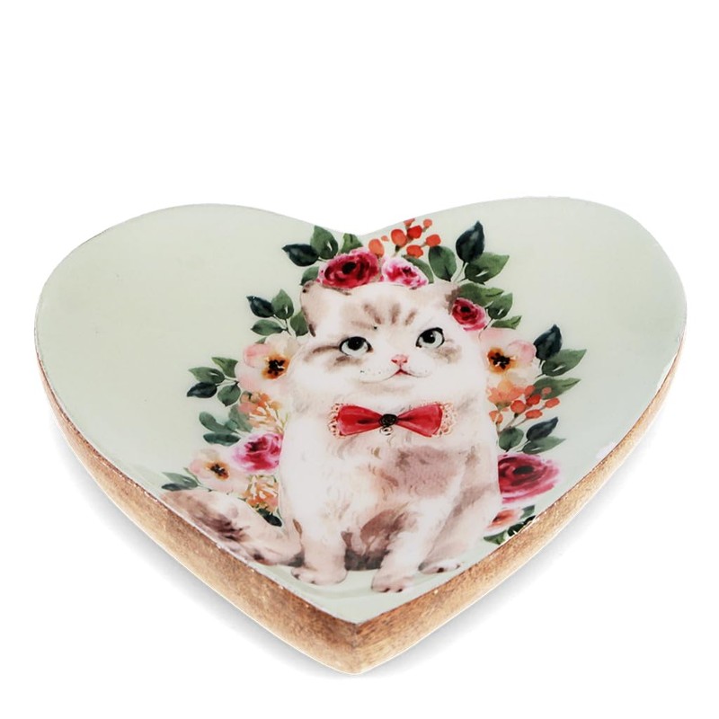 Rex London Wooden Heart-shaped Trinket Dish - Cat