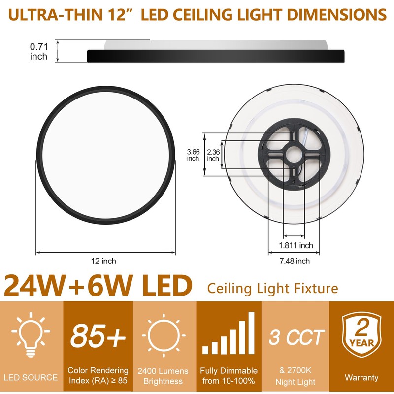 Bargeni 2 Pack Flush Mount Ceiling Light,12 inch Ceiling Light