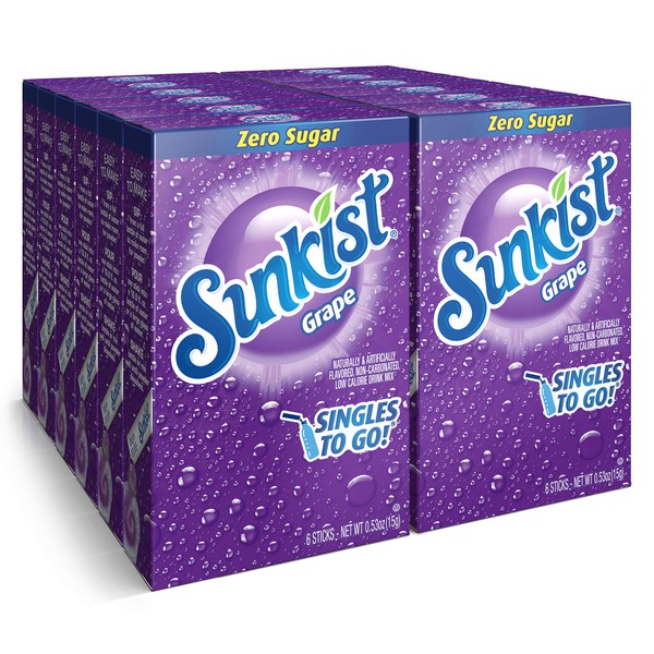 Sunkist Soda Singles To Go Drink Mix, Grape, 12 Boxes with 6 Packets Each - 72 Total Servings, Non-Carbonated and Sugar-Free