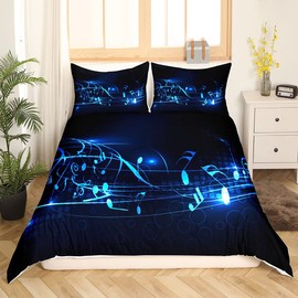 Loussiesd Music Note Duvet Cover Dream Theme Blue Bedding & Linen for Teen Boys Kids Girls Geometric Stripe Pattern Bedding Set,1 Duvet Cover with 1 Pillow Cases Music Hobby Single Size