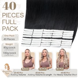 Elailite Tape in Hair Extensions Human Hair Black 40 Pcs - Invisible Skin Weft Real Remy Hair Extension Straight (#1 Jet Black, 12 Inch-60g)
