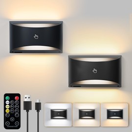 Brightown Magnetic Wall Sconces Set of Two, Rechargeable Battery Powered Wall Sconce with Remote Control, 3 Colors Wireless Up and Down Wall Mount Light for Hallway Bedroom Bedside Living Room (Black)